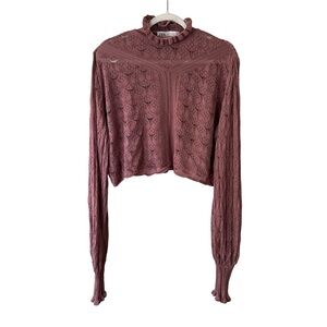Zara Dusty Rose Lace Cropped Blouse Size S Boho Mock Neck Romantic Ruffle Chic
